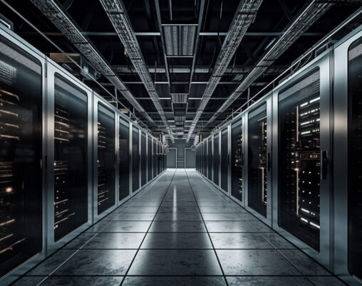Mainframe in a row, network security design warehouse generated by artificial intelligence