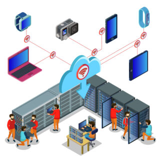 Isometric Datacenter Concept Isometric datacenter concept with technical workers server room and cloud storage for different electronic devices isolated vector illustration