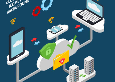 Cloud Office And Technology Isometric Background Cloud office and technology isometric background with database symbols vector illustration