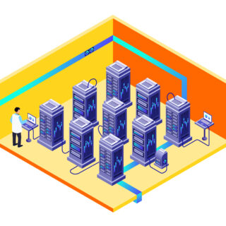 Vector man data storage center maintenance Vector isometric data storage center cross section concept with IT specialist man providing hardware and software maintenance work on server rack connected to laptop. Modern information technologies