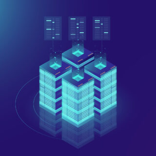 Isometric Server room and big data processing concept, datacenter and data base icon, digital information technology, neon dark gradient